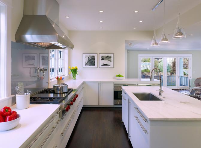 White kitchen with island seating
